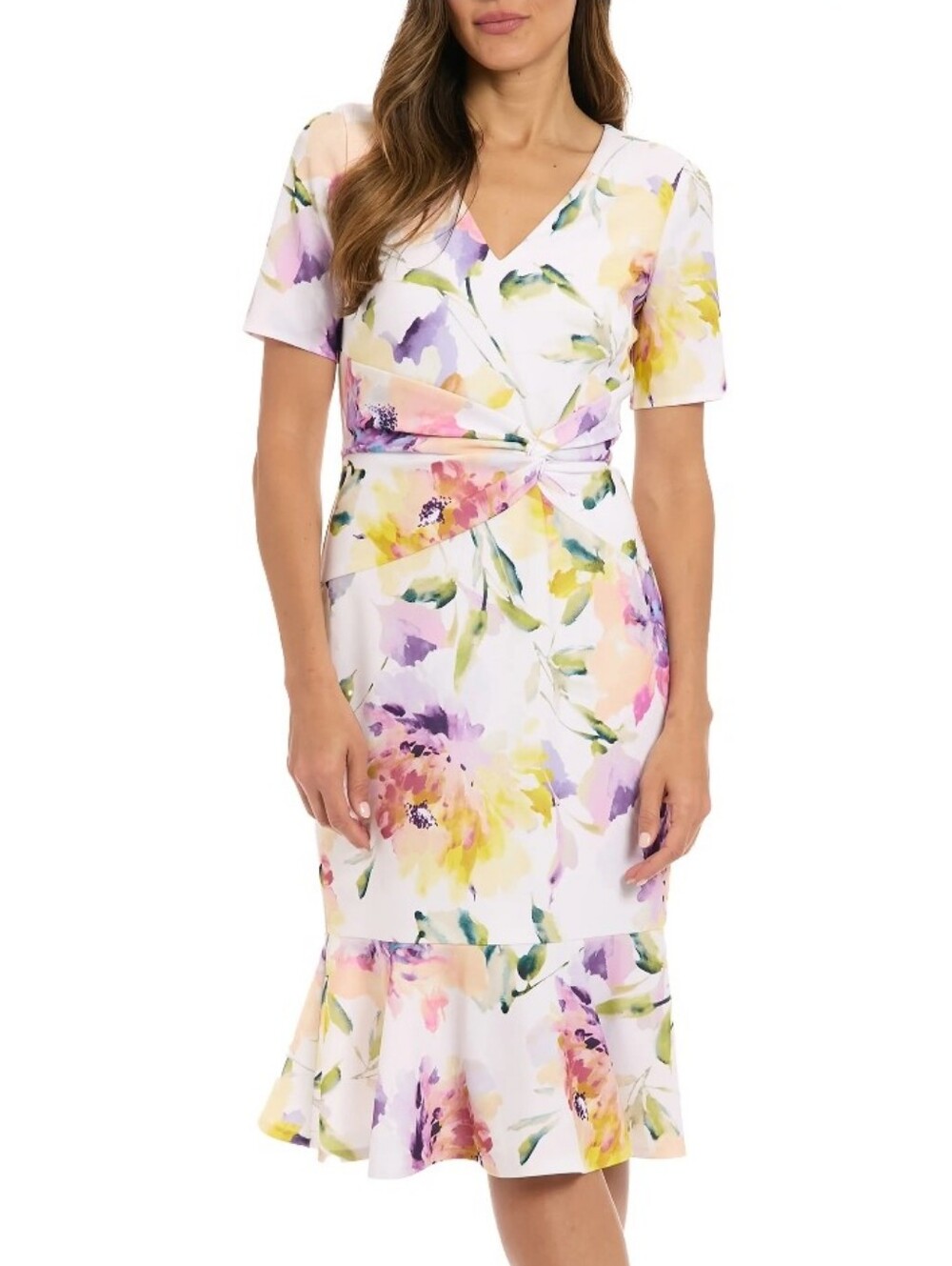 London Times NWT 14W Floral Ruched V Neck Ruffle Hem Midi Dress $109